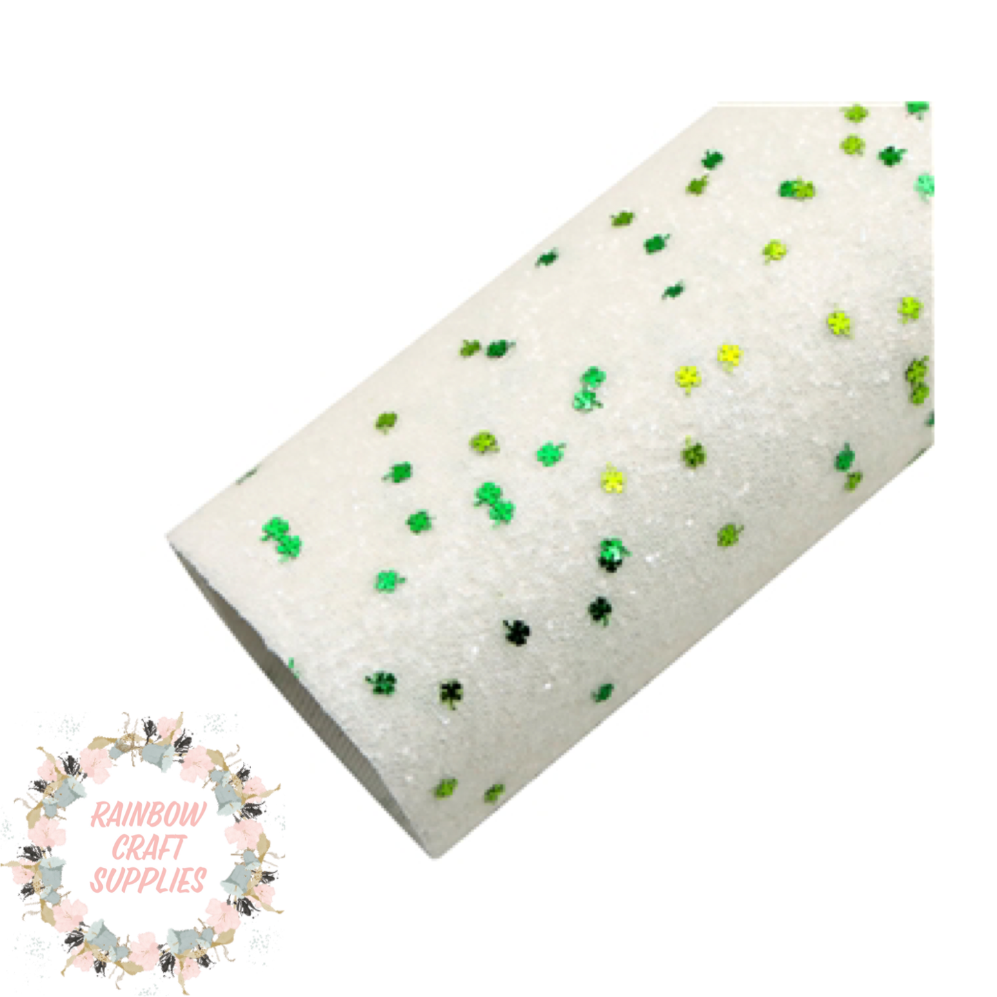 White & green clover sequinned Chunky glitter fabric