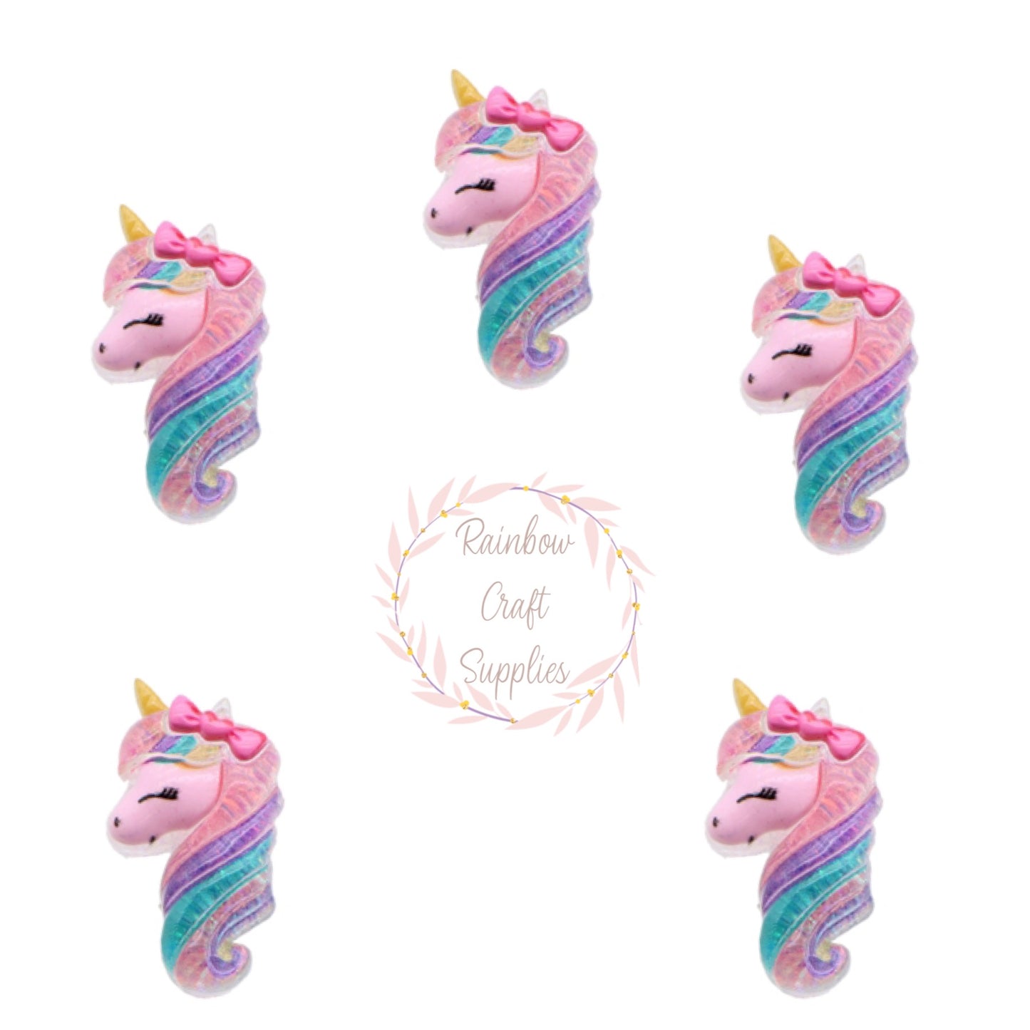 Rainbow unicorn flat back embellishments x 5