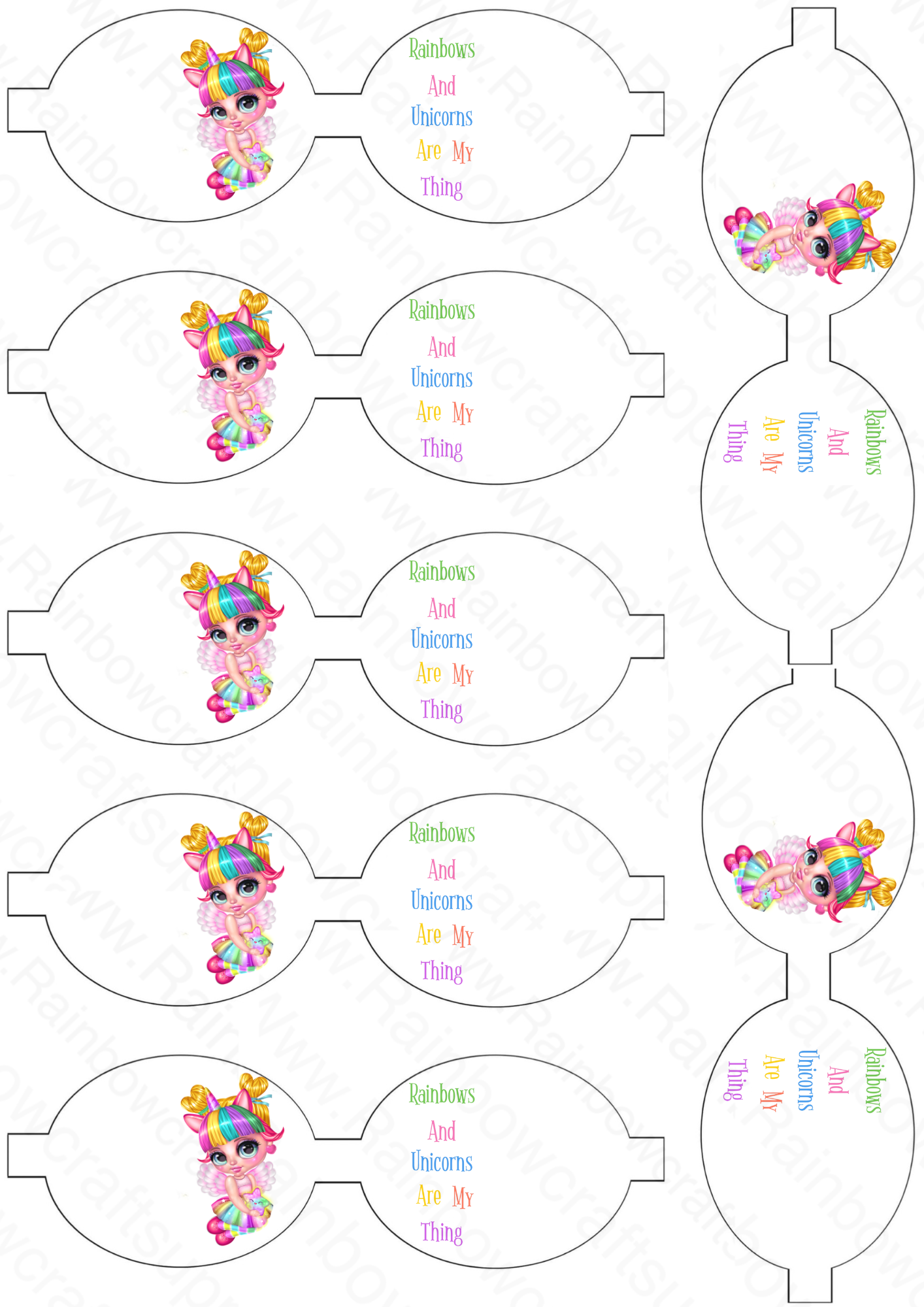 7 x Rainbow unicorn girl pre printed canvas hair bow loops 3.5”