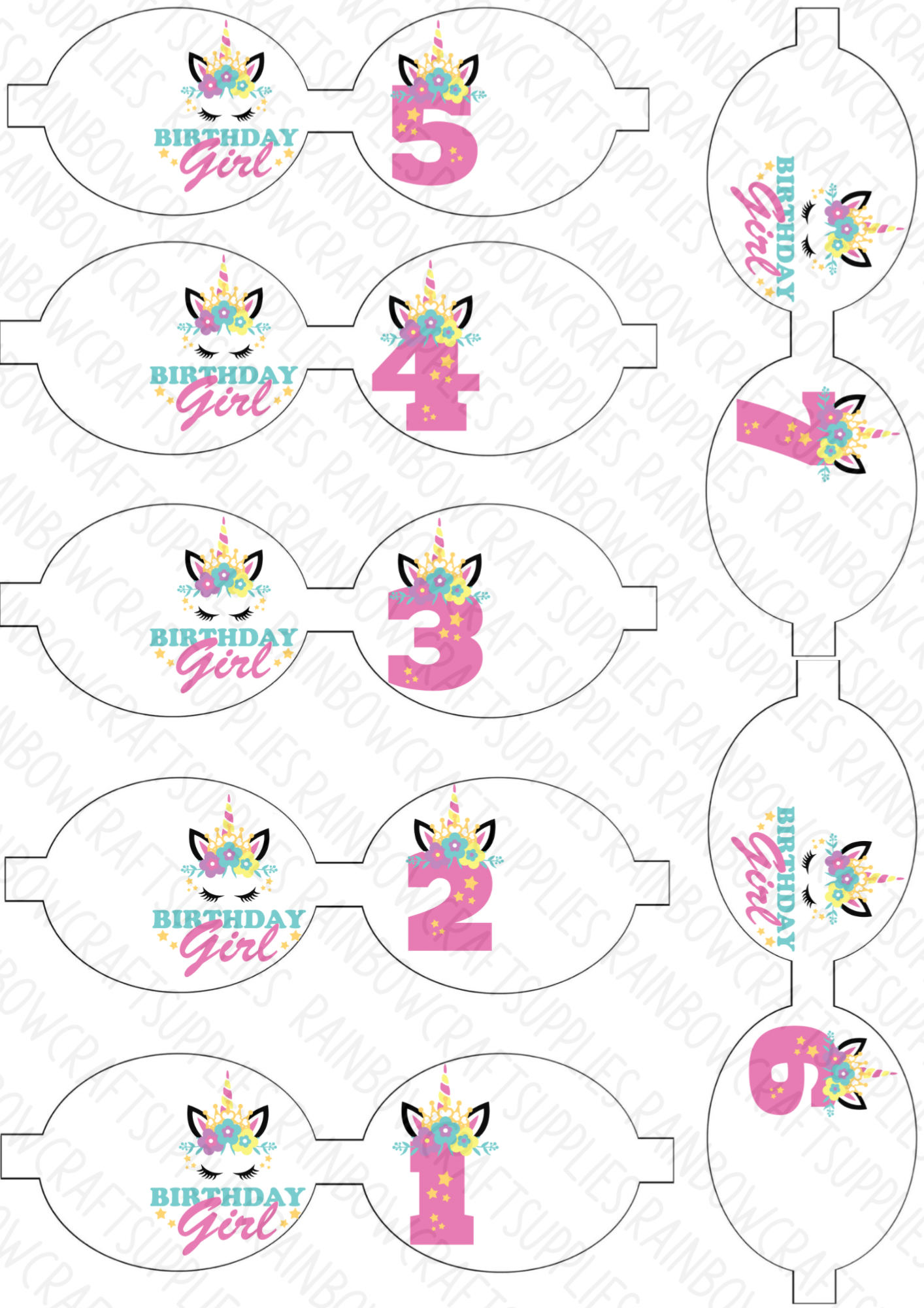 7 x Birthday girl 1-7 pre printed canvas hair bow loops 3.5”