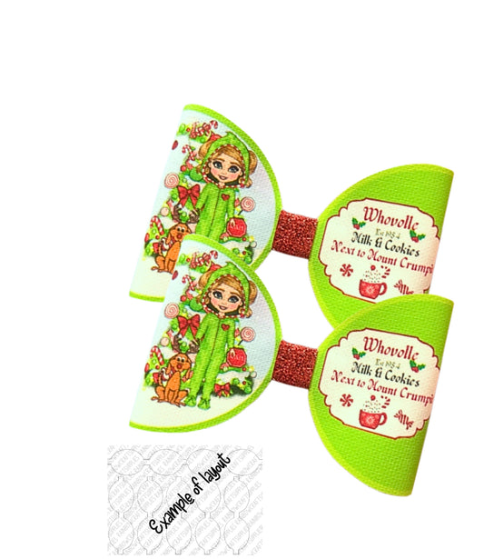 Grinch girl Christmas themed printed canvas bow loops x 7