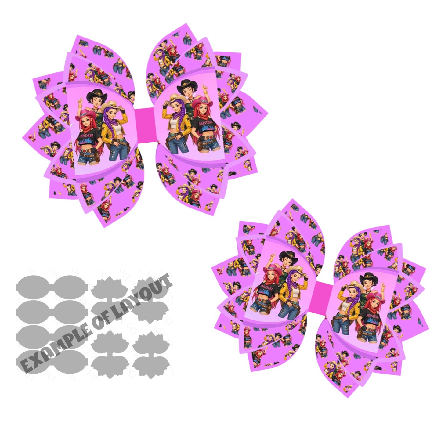 4 x printed Canvas  bow loops and Fan Tails 3.5”K Pop Cow girls