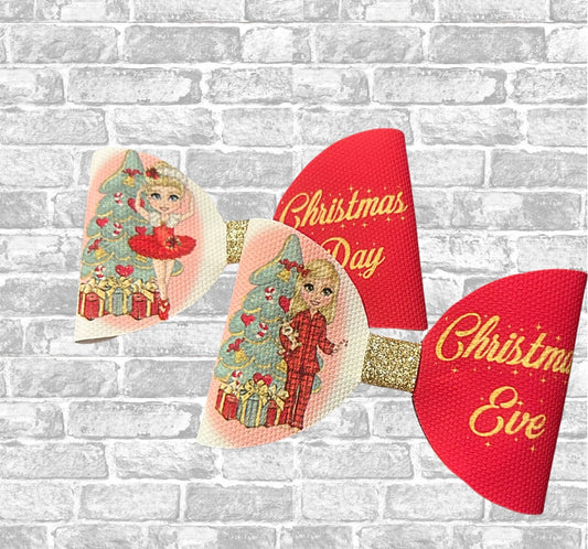 Christmas Eve /Christmas day pre printed canvas bow loops x 8 (4pairs)