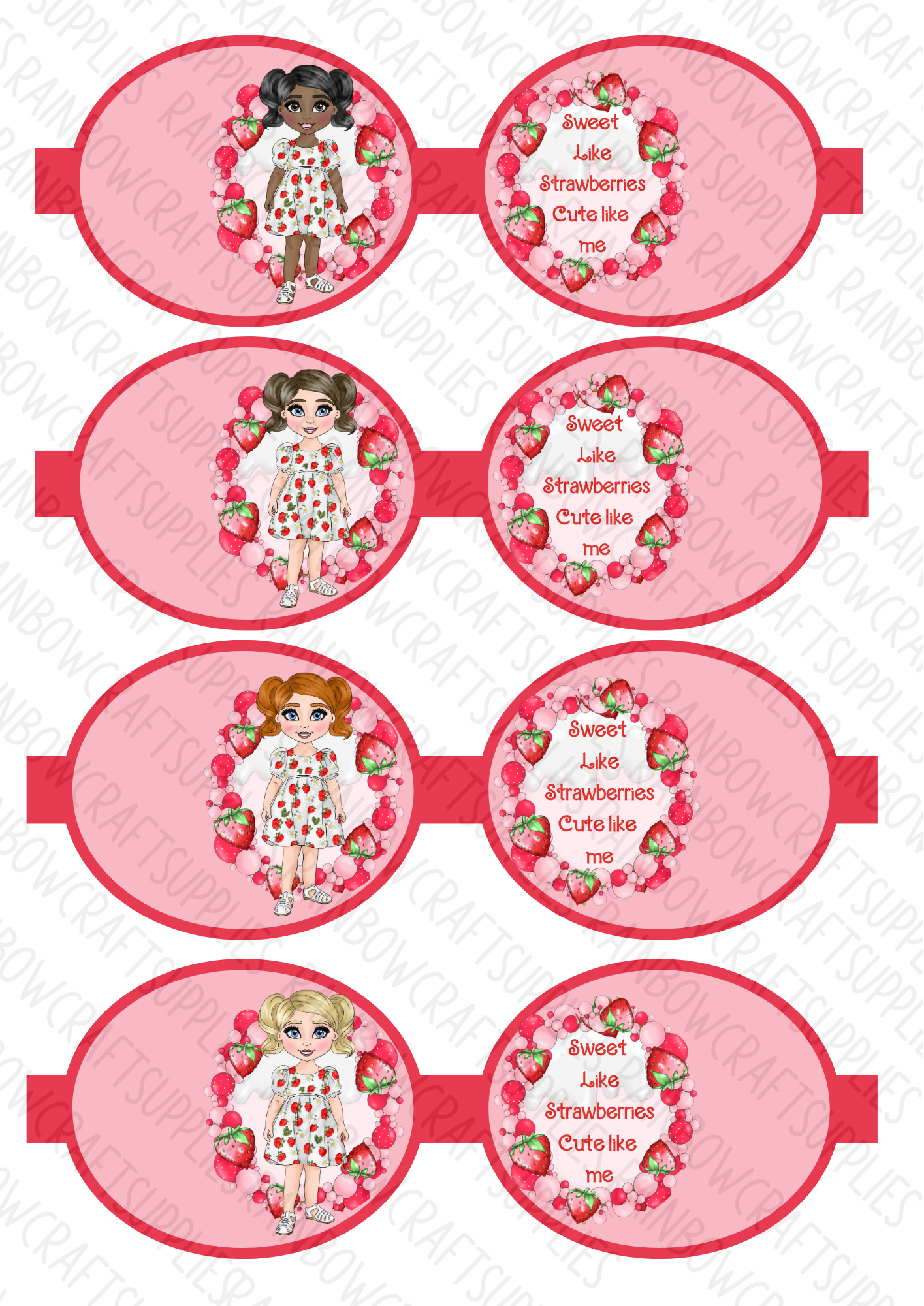 7 x “Sweet like strawberries cute like me “printed canvas bow loops 3.5”