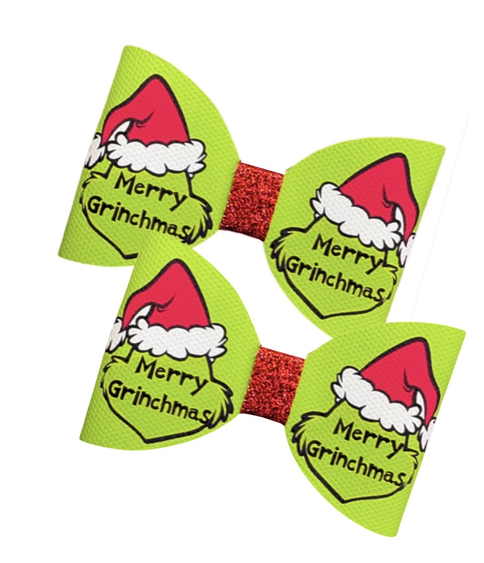 Merry Grinchmas themed printed canvas bow loops x 7