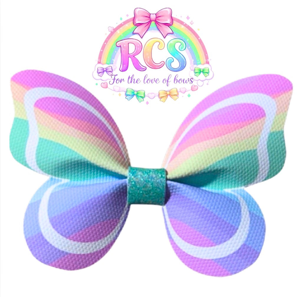 7 x Cut around Butterfly Pinch leatherette bows 3.5” Rainbow