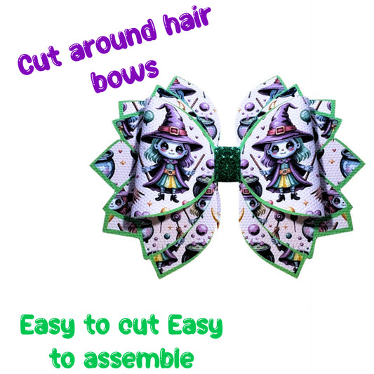 4 x witches cut around Fan hair bow loops & tails 3.5” Leatherette or Canvas