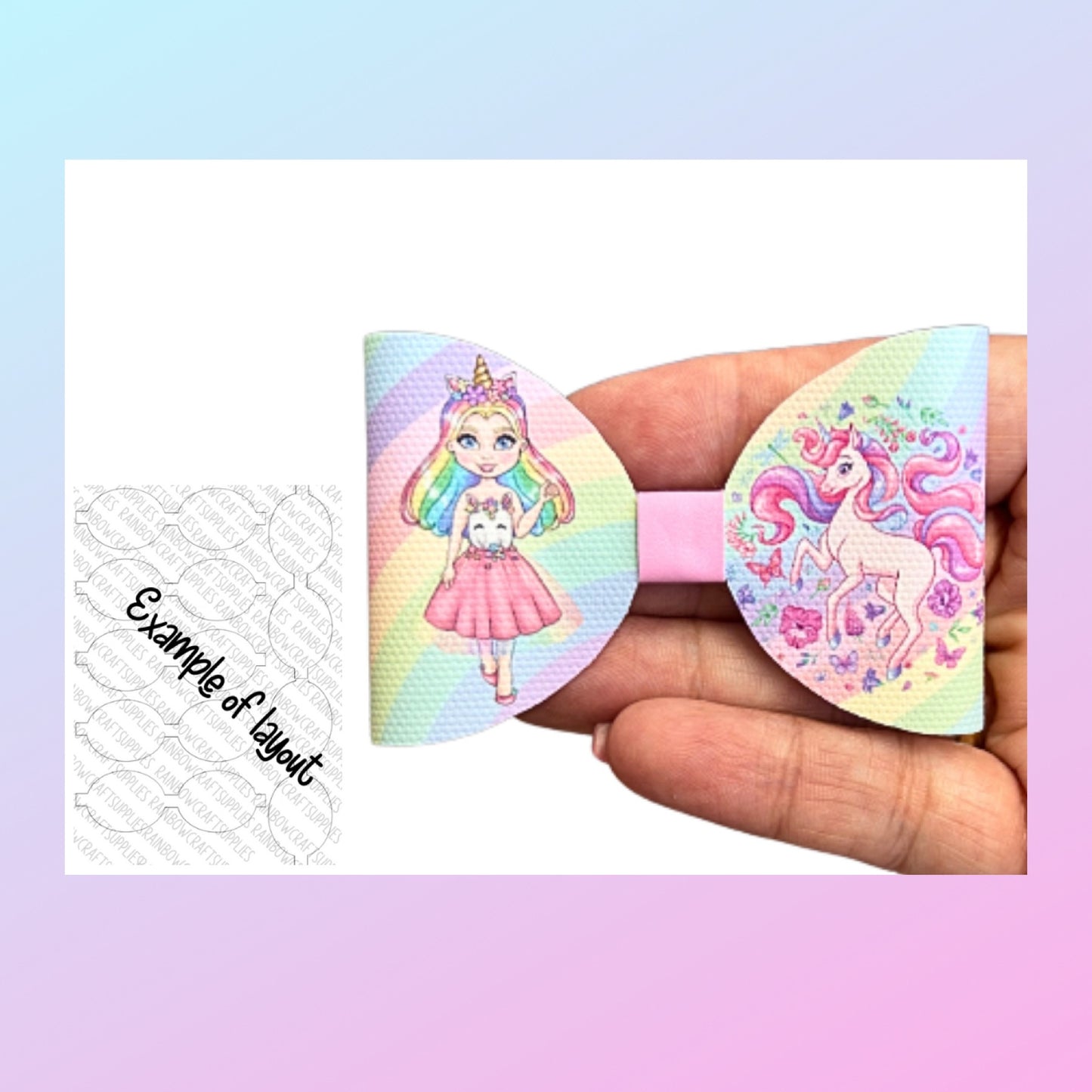 Unicorn themed pre printed canvas bow loops x 7 (3.5”)