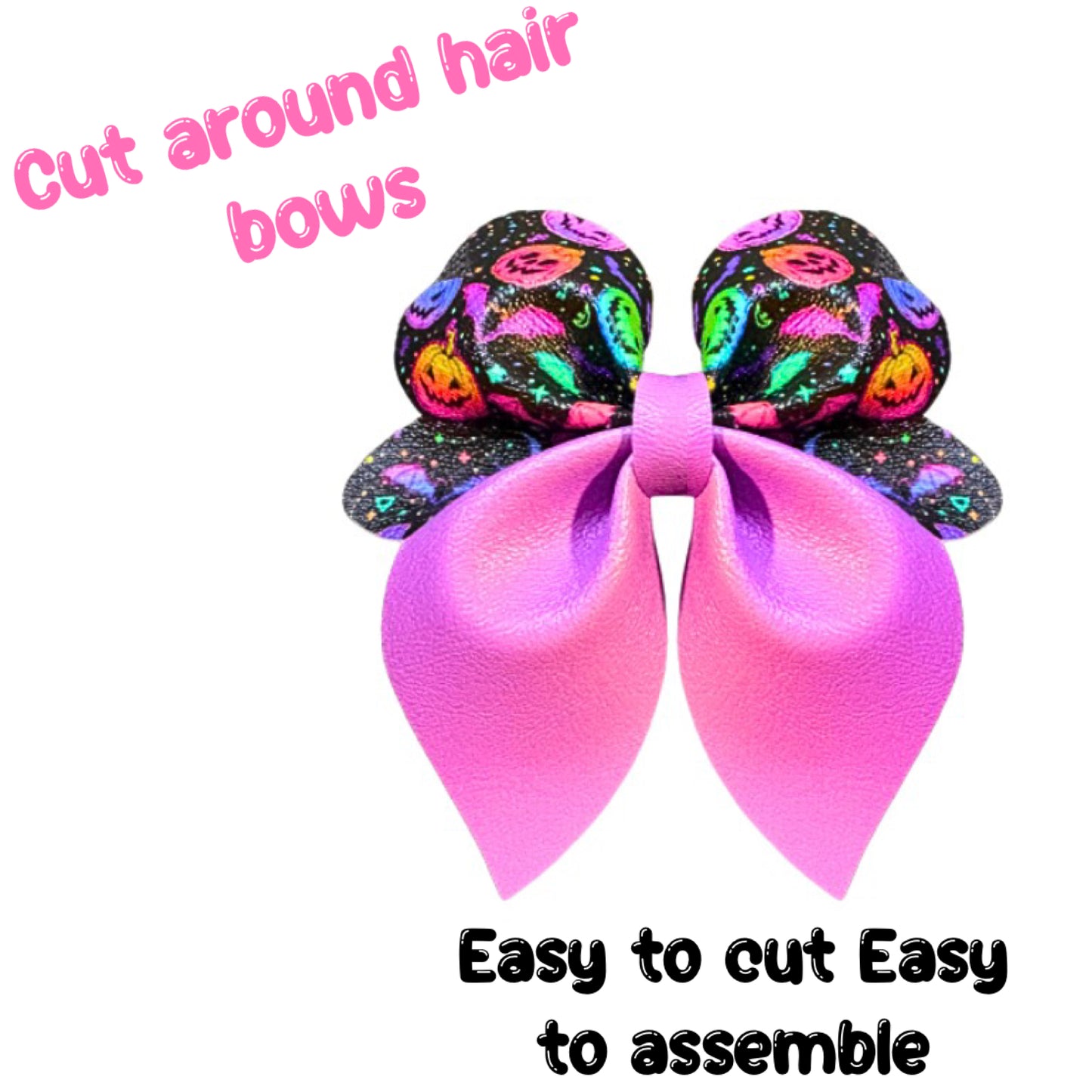 4 x Cut around Neon Halloween pumpkin Pinch leatherette bows and centre strips