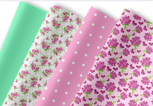 Set of 4 Floral & polka dot theme printed premium canvas  fabric A4