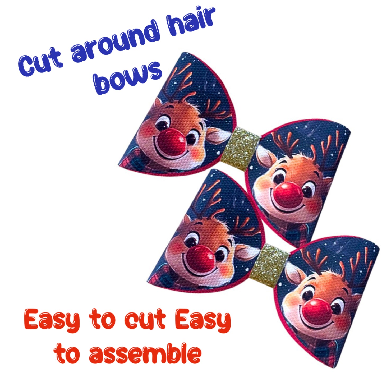 7 Red Nose Reindeer cut Around hair bow loops 3.5” Leatherette or Canvas