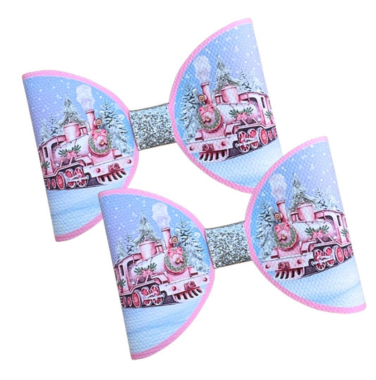 7 x Pink Christmas Express  Christmas themed bow loops 3.5”