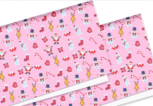 Pink Christmas theme In house printed  leatherette fabric A4