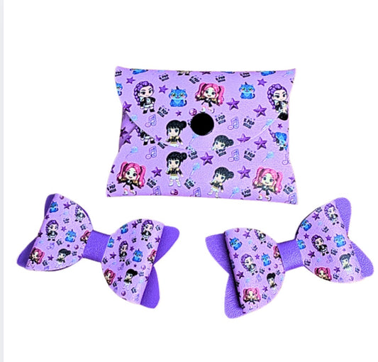 No Sew Cut Around  leatherette printed Coin purse With 2 matching bow loops tails and centre strips