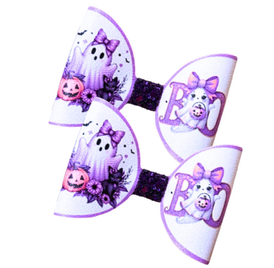 7 x printed in house Leatherette bow loops 3.5” Boo Ghost