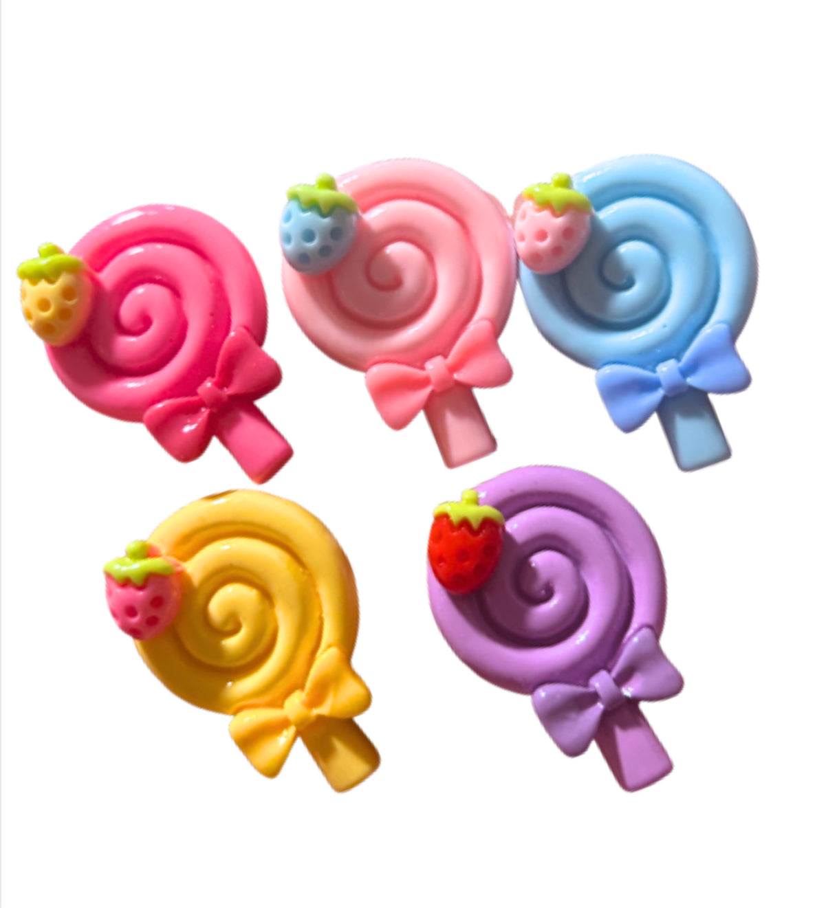 Set of 5 Strawberry Candycane Lollipop flatback embellishments