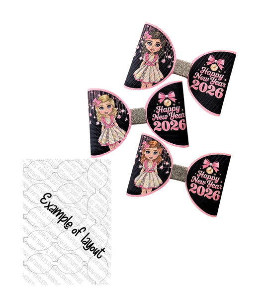 Happy New Year 2026  pre printed canvas hair bow loops x 7 3.5”