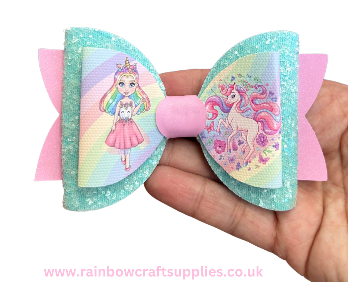 Unicorn themed pre printed canvas bow loops x 7 (3.5”)