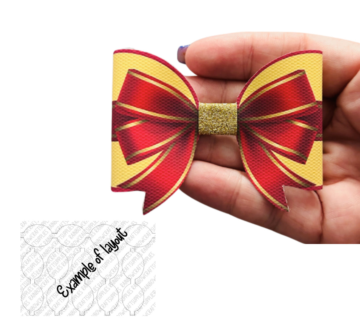 3D Gold & Red Ribbon Bow christmas themed printed canvas bow loops x 6