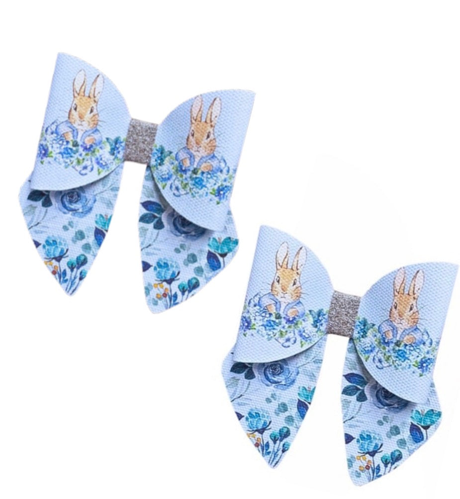 4 piece Blue Easter Bunny  leatherette bow loops and Sailor Tails 3.5”