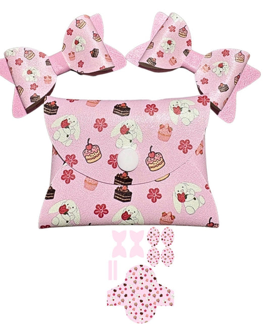 No Sew Cut Around  leatherette printed Coin purse With 2 matching bow loops tails and centre strips