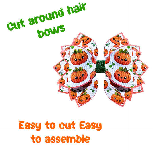 4 x Pumpkin cut around Fan hair bow loops & tails 3.5” Leatherette or Canvas