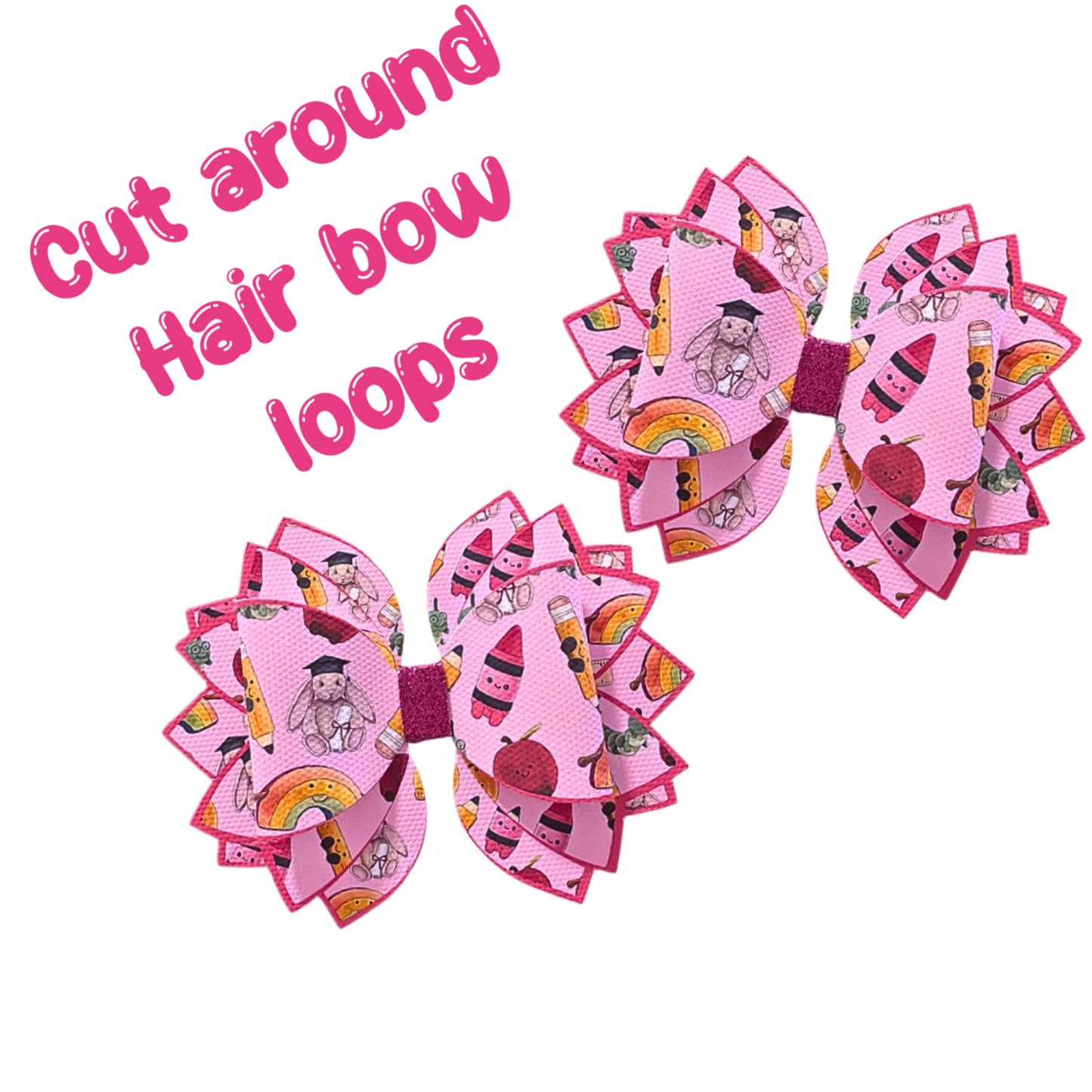 4 x printed in house Leatherette bow loops and Fan Tails 3.5” Kawaii squishy Nursery Graduation
