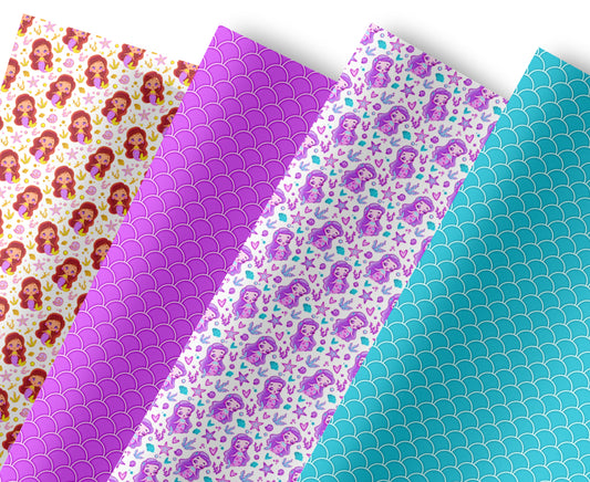 Set of 4 Mermaid theme printed premium canvas  fabric A4