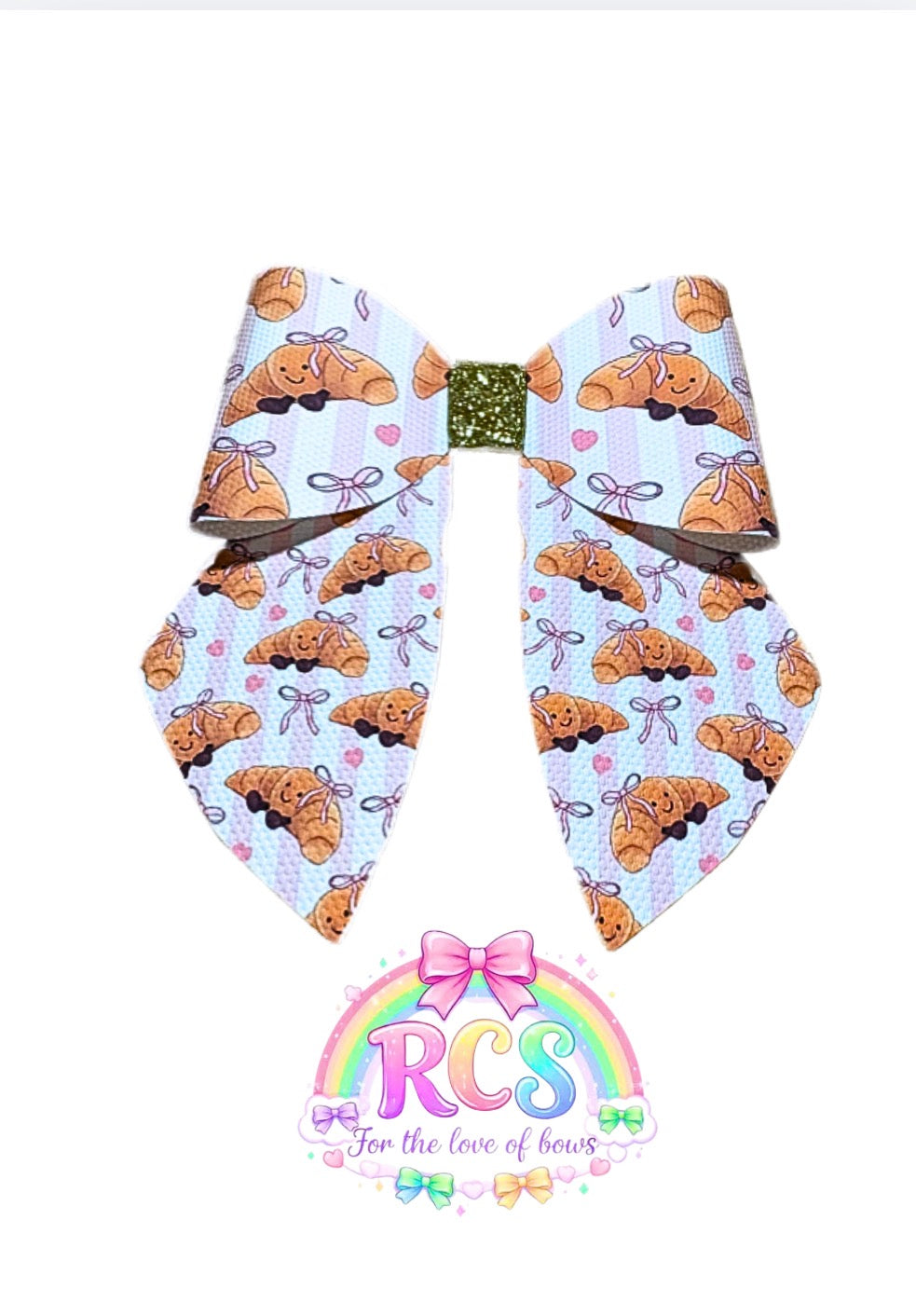 4 x printed in house Leatherette cut around bow loops and sailor Tails 3.5” Croissant Plushies