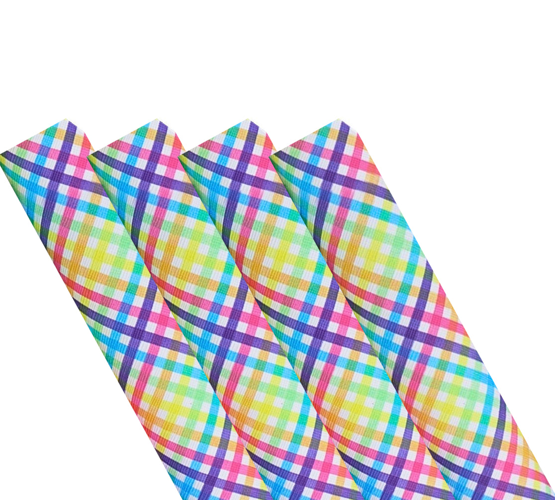 Bright rainbow gingham leatherette fabric A4