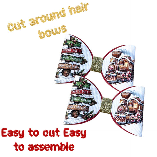 7 Christmas Train cut Around hair bow loops 3.5” Leatherette or Canvas