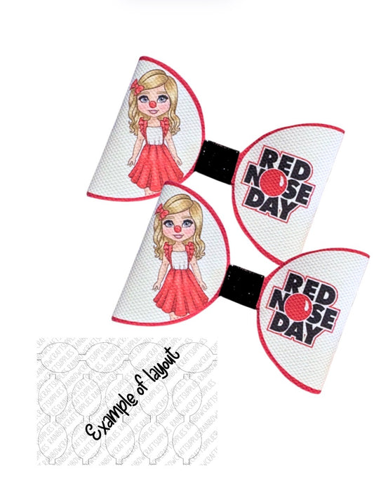 7 x Red Nose Day Dolly Theme in house  printed leatherette cut around bow loops 3.5”