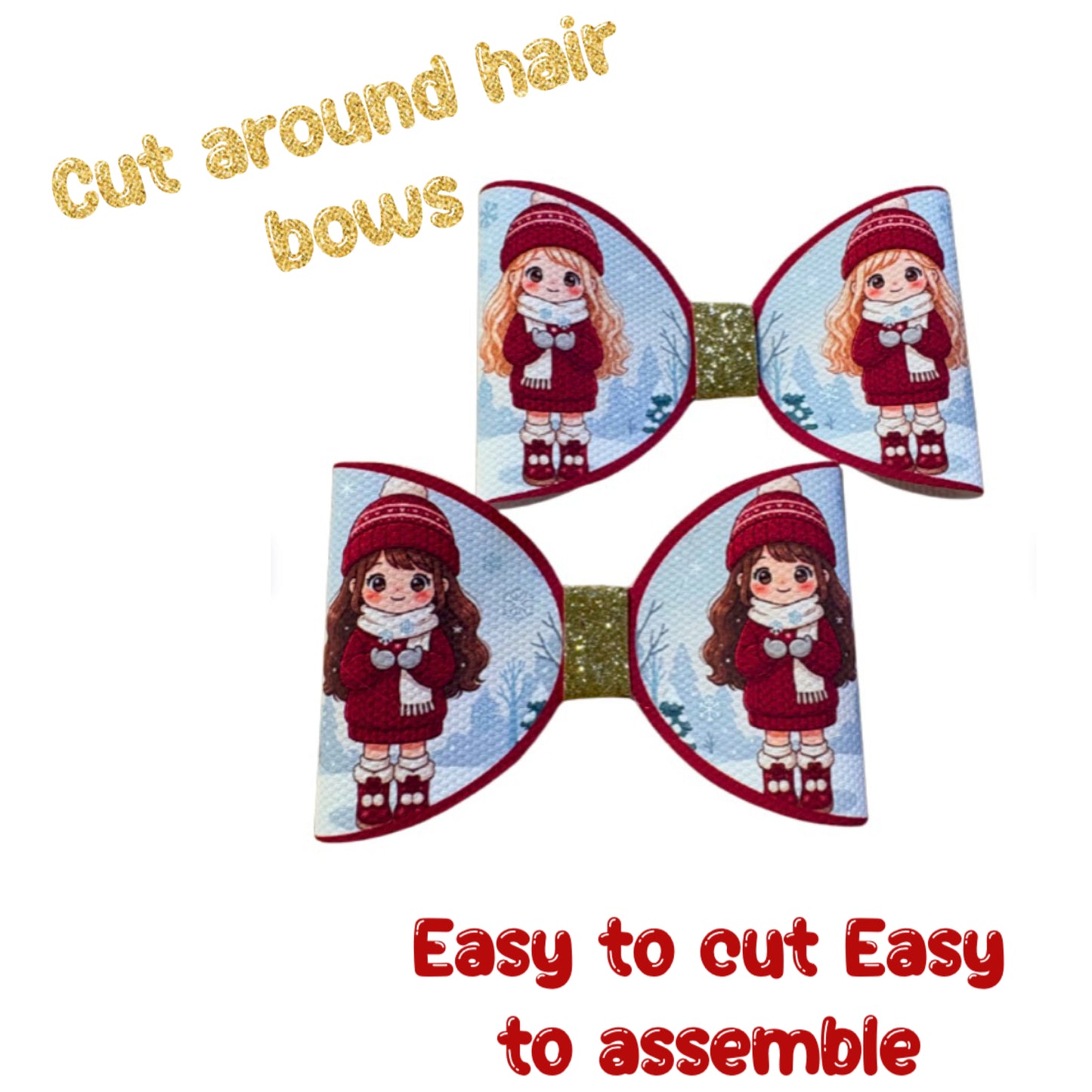 7 winter Girls cut Around hair bow loops 3.5” Leatherette or Canvas