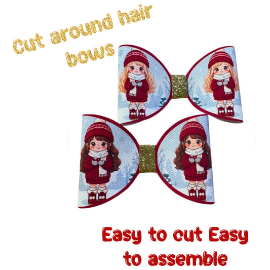 7 winter Girls cut Around hair bow loops 3.5” Leatherette or Canvas