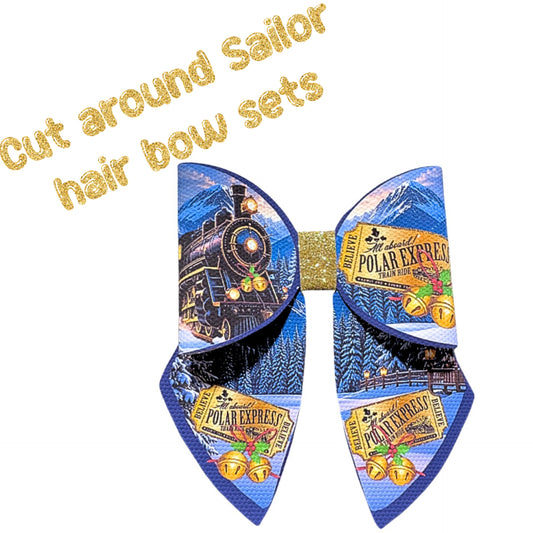 4 x Christmas Train ticket  around sailor Hair bow sets 3.5” Leatherette or Canvas