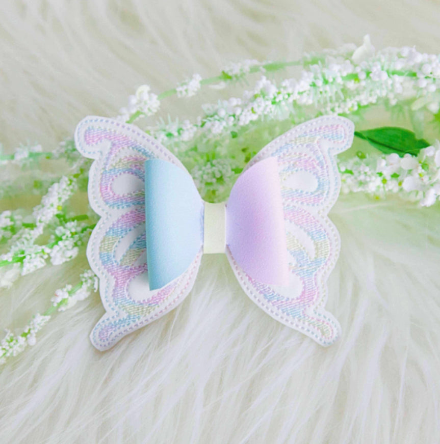 Pastel rainbow butterfly embroidered leatherette bow tails/ Topper