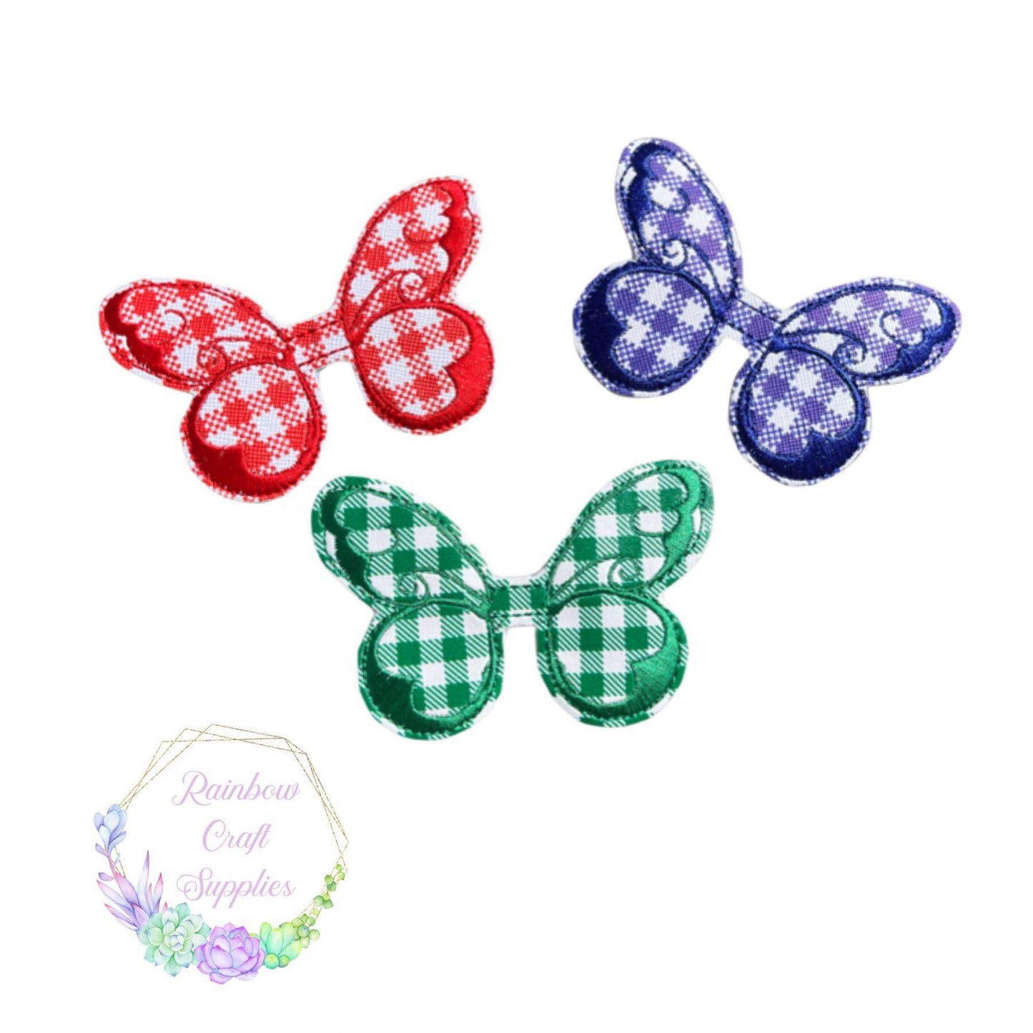 Gingham embroidery leatherette butterfly bow toppers/tails 3”