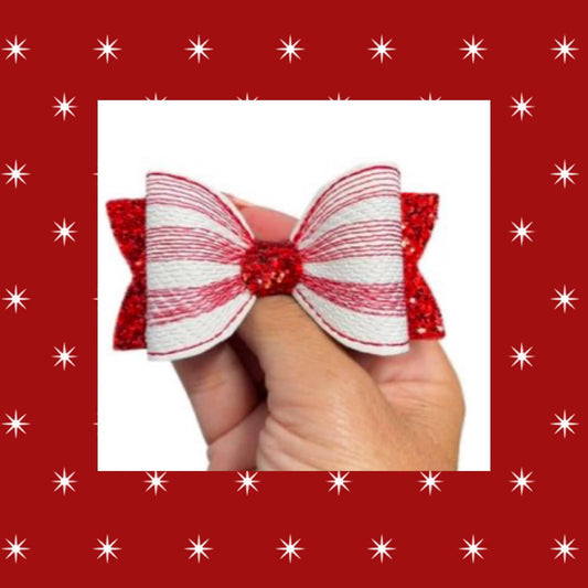 Candy cane Sketch stitch striped leatherette embroidered bow loop 3”