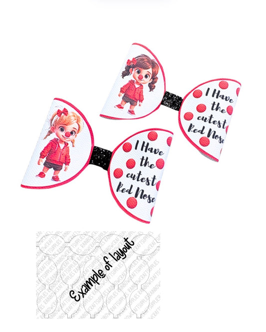 7 x Red Nose Day Dolly Theme in house  printed leatherette cut around bow loops 3.5” mixed hair colours