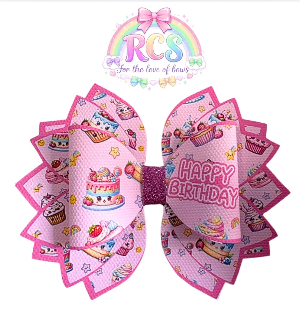 4 x printed in house Leatherette cut around bow loops and Fan Tails 3.5” Happy Birthday