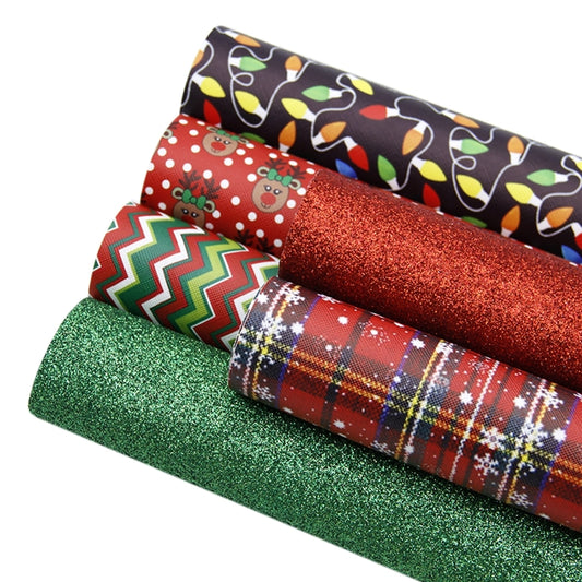 Christmas themed leatherette & chunky glitter fabric 6 piece set 34 x 21 cm