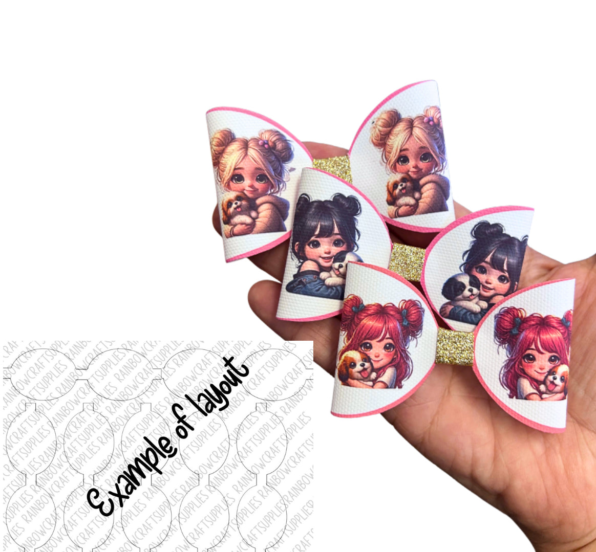 Puppy girls pets themed pre printed canvas bow loops x 7 (3.5”)