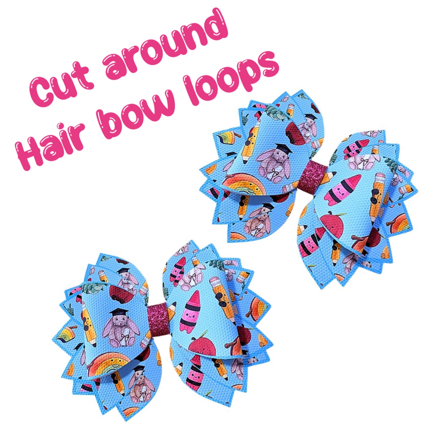 4 x printed in house Leatherette bow loops and Fan Tails 3.5” Kawaii squishy Nursery Graduation