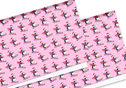 Cute Penguin Christmas theme In house printed  leatherette fabric A4