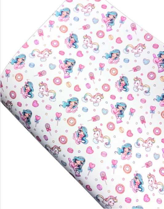 In house leatherette printed fabric A4 mermaids and unicorns