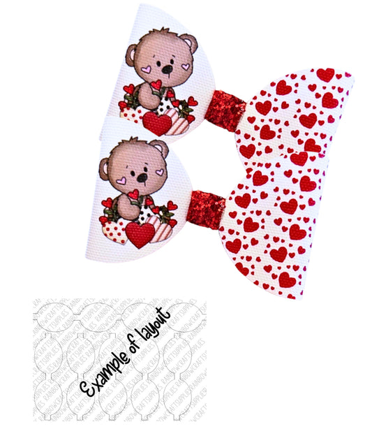 7 x Cutest Valentines bear pre printed canvas hair bows loops 3.5”