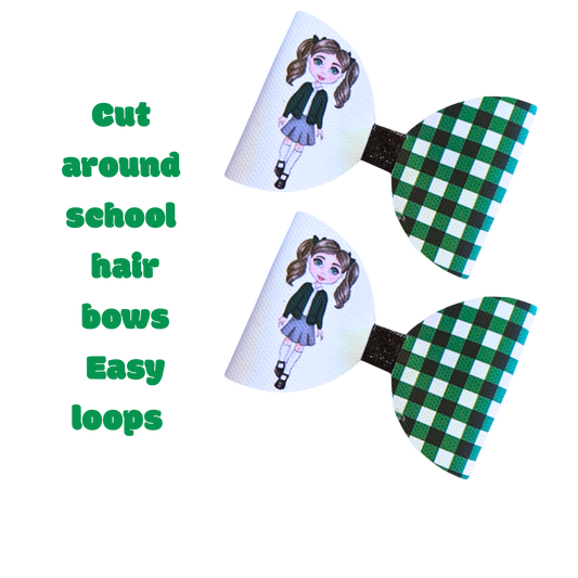 7 x Beautiful Dark Green Gingham school Girl printed 3.5”Leatherette bow loops