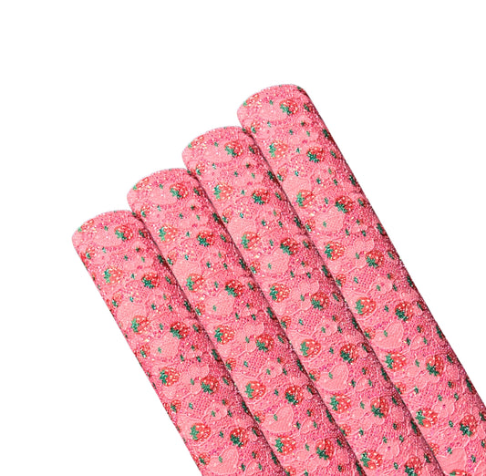 Pink strawberries  lace glitter fabric