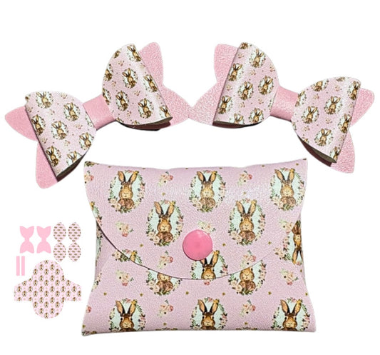 No sew cut around in house leatherette printed coin purse and two matching bow loops tails and centre strips