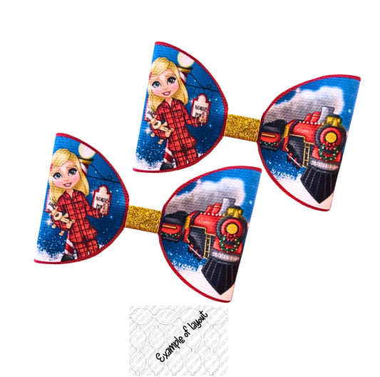 Christmas Express train pyjamas Girl pre printed canvas hair bow loops x 7